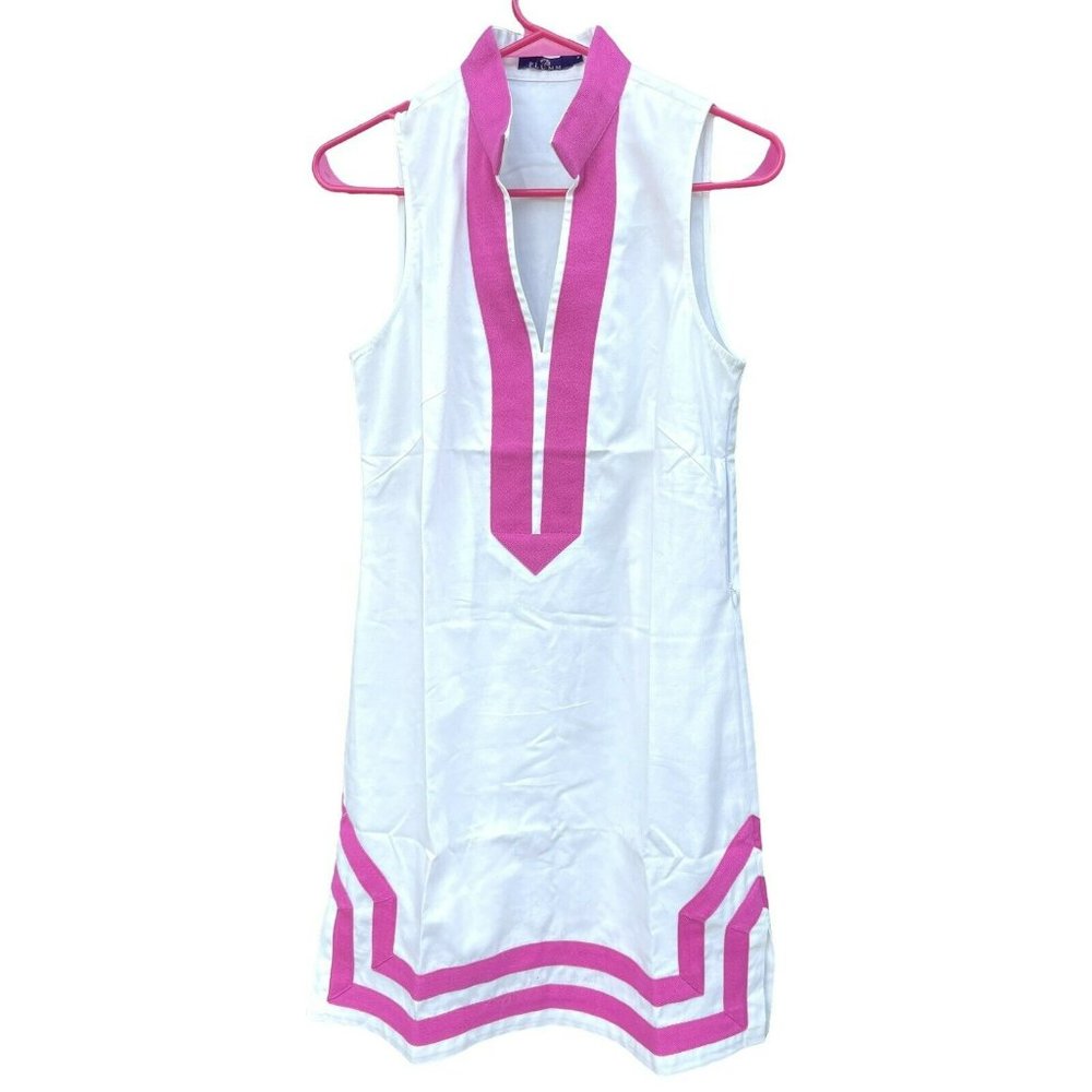 NEW Plumm 100% Cotton Shift DRESS Fuchsia Pink White Tunic Kurta PREPPY Beach